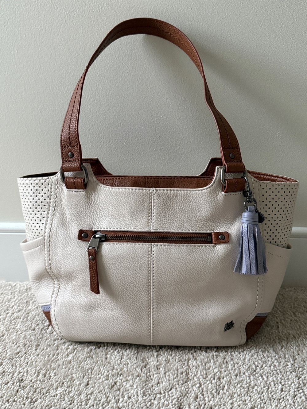 Cream and Brown Women’s Tote Bag with Tassel Accent